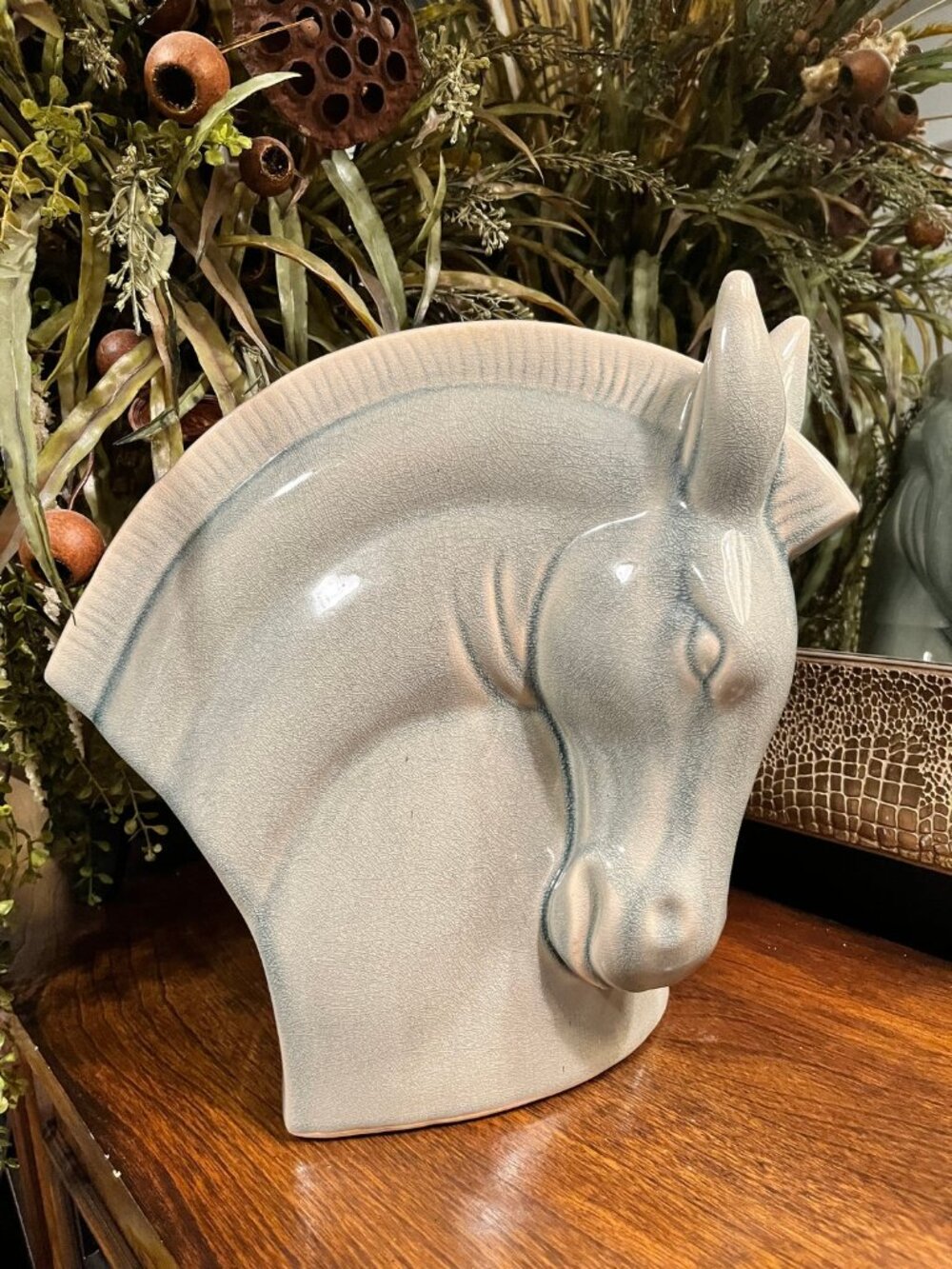 vintage ceramic horse head light blue-grey crackle glaze vase